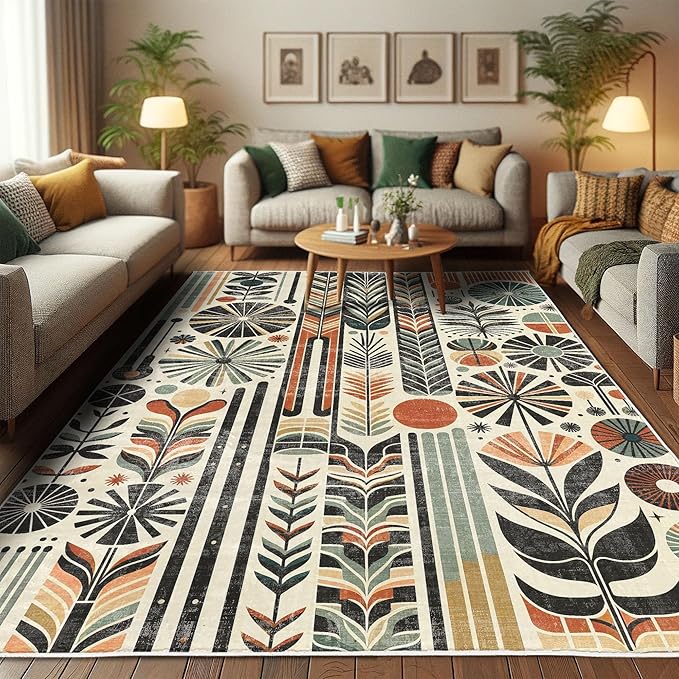 Ambesonne Bohemian Decorative Rug, Retro Mid Century Inspired Abstract Patterns on Ivory Background, Quality Carpet for Bedroom Dorm and Living Room, 2' x 5', Dark Orange and Reseda Green
