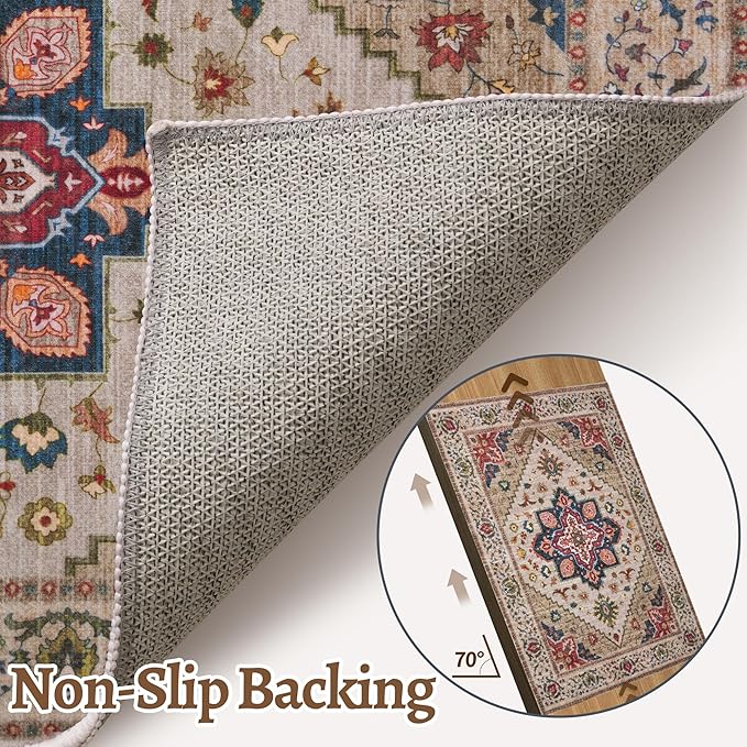 Tangsoo 2x6 Washable Runner Rug for Hallways, Non Slip Vintage Runner Rug, Soft Boho Low Pile Long Rug Runner, Carpet Runners for Kitchen Bedroom Entryway Bathroom Living Room Beige/Red