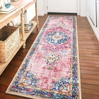 2x8 Runner Rug Pink Boho Area Rug for Hallway Entryway Kitchen Laundry Room Bathroom Bedroom Non Slip Blush Vintage Rug Indoor Lightweight Carpet