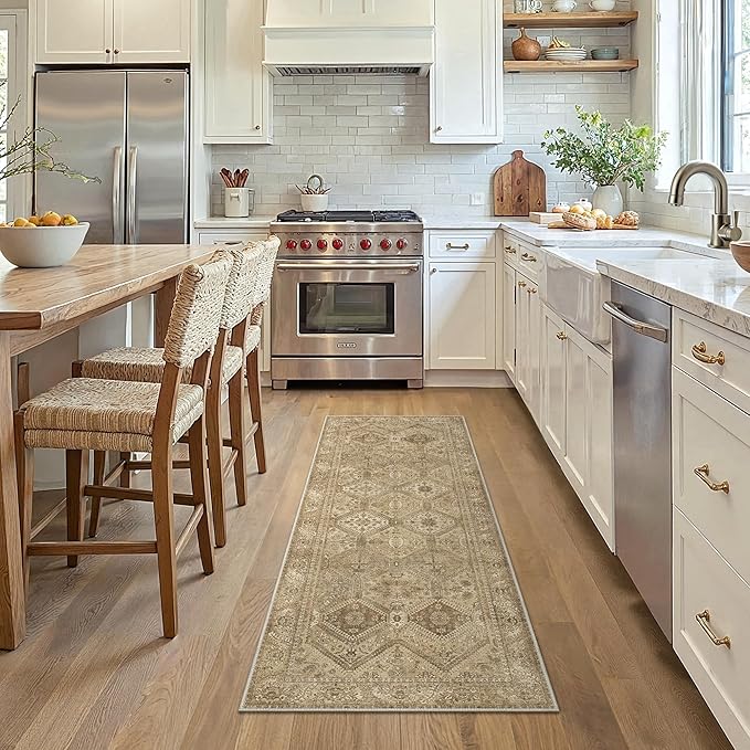 Bavni 2x5 Runner Rug Non Slip, Machine Washable Rug Runners for Hallways, Vintage Distressed Print Kitchen Runner, Low Pile Lightweight Carpet Runner for Entryway Laundry Bedroom Bathroom Nut Brown