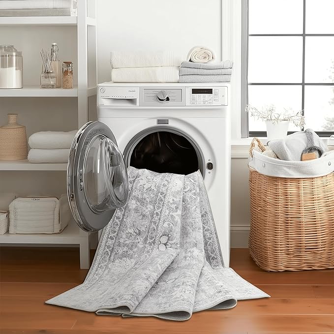 ReaLife Rugs Machine Washable Area Rug - Living Room Bedroom Bathroom Kitchen Entryway Office - Padded Low Pile Stain Resistant Premium - Boho Farmhouse Vintage - Noor - Silver Ivory 5' x 7'