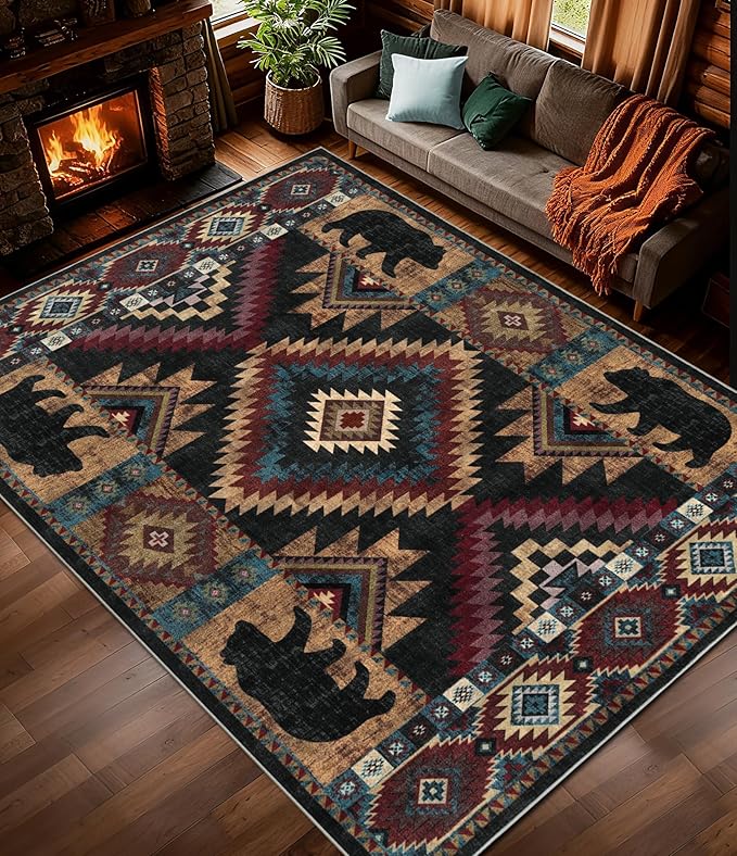YIHOUSE Rustic Cabin Area Rug 9x12, Lodge Wildlife Bear Washable Large Area Rug, Southwestern Rustic Rugs for Living Room