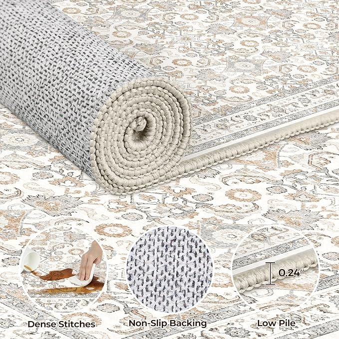 WITSHOCK 2x10 Long Runner Rug for Hallway,Washable Rug Distressed Boho for Bedroom Kitchen Entryway Indoor Entrance,Non Slip Runner Rugs with Rubber Backing,Camel/Beige