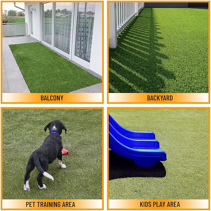 Ottomanson 2'7" x 27' Artificial Faux Grass Rug - Realistic Turf with UV Protection - Perforated for Easy Drainage - Durable, Hose-Off Synthetic Lawn Carpet for Indoor & Outdoor Use, Green