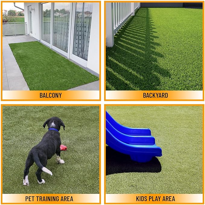 Ottomanson 6'6" x 40' Artificial Faux Grass Rug - Realistic Turf with UV Protection - Perforated for Easy Drainage - Durable, Hose-Off Synthetic Lawn Carpet for Indoor & Outdoor Use, Green