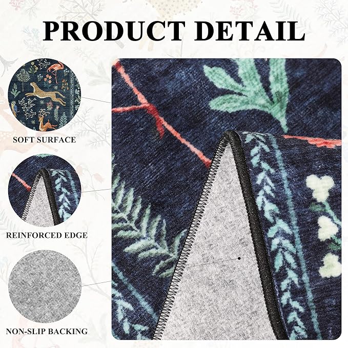 DUKINO 9x12 Rug, Washable Animal Living Room Rug with Non Slip Vintage Design, Soft Low Pile Large Carpet for Bedroom, Nursery, Dining Room, Farmhouse, Playroom, Navy Blue