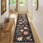 DUKINO 2x8 Runner Rug for Hallway, Washable Kitchen Runner Rug with Rubber Backing Non Slip, Low Pile Soft Boho Floral Thin Carpet for Entryway, Hallway, Bathroom, Laundry Room, Black