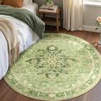 Area Rugs 7ft Washable Non-Slip, Floral Vintage Distress Print Pattern Medallion Carpet for Living Room Bedroom Dining Room, Sage Green Yellow
