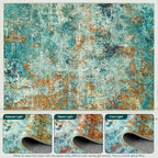Washable Area Rugs for Living Room 9x12 - Large Neutral Modern Abstract Rug, Soft Low Pile Carpet with Non Slip Backing for Under Dining Room Table, Bedroom, Home, Office, Dorm - Teal Brick