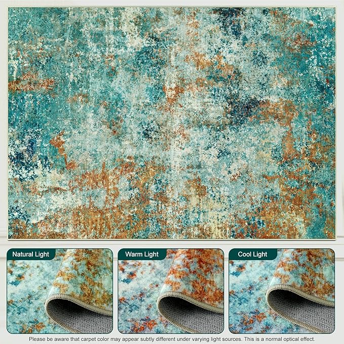 Washable Area Rugs for Living Room 9x12 - Large Neutral Modern Abstract Rug, Soft Low Pile Carpet with Non Slip Backing for Under Dining Room Table, Bedroom, Home, Office, Dorm - Teal Brick