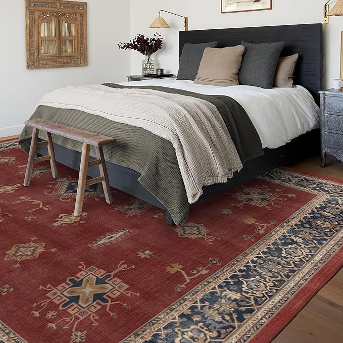 RUGGABLE Washable Vintage Area Rug – Verena Amber Red 8x10, Stain-Resistant, Non-Slip – Large Machine Washable Rugs for Living Room, Bedroom, Hallway, Entryway & Office–with Cushioned Pad