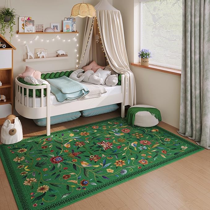 Vintage Medallion Floral 3x5 Washable Rug, Soft Low Pile Area Rug, Non-Slip Carpet for Bedside, Bedroom, Bathroom, Entryway, Kitchen, Office, Kids/Girls Room | Green