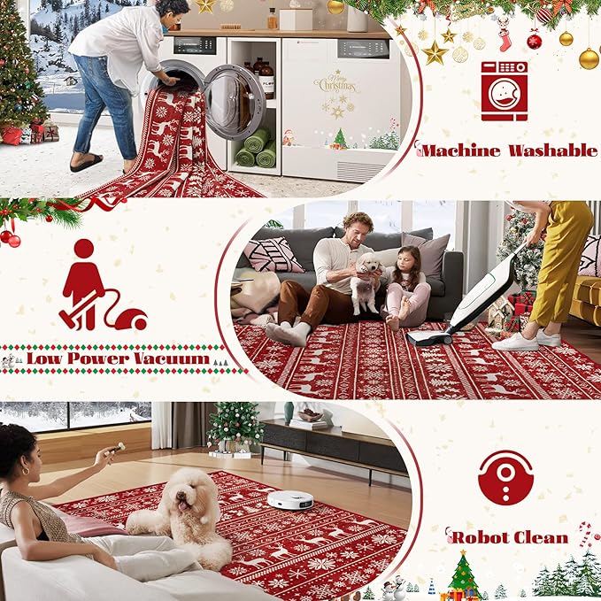 Christmas Rug 6x9 Washable Rugs, Boho Christmas Tree Snowflake Rug Non-Slip Soft Low Pile Non Shedding Indoor Holiday Decor Carpet for Living Room Bedroom Dining Room Home Office (Xmas Red, 6'x9')