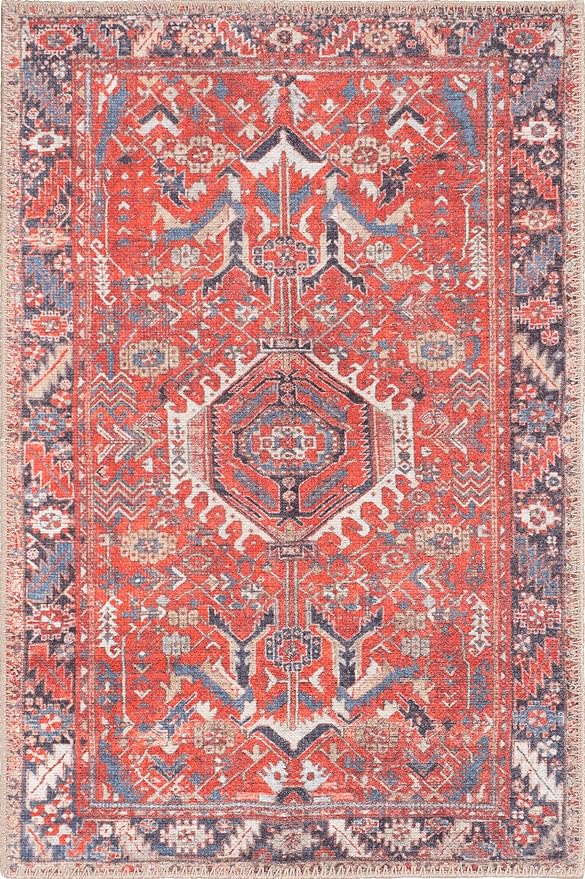 GLN Rugs Traditional Collection - Machine Washable Area Rug, Traditional Washable, Non Slip, Low Pile Chenille Rug, Living Room, Bedroom, Kitchen Rug (2' x 3' Multi Red)
