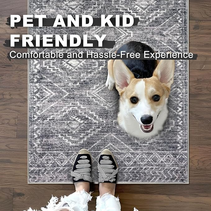 KILOCOCO Hallway Runner Rug 3'x8' Runners for Hallways Washable Runner Rug Non Slip Rubber Backed Low-Pile Runners for Bedroom Kitchen Living Room Laundry Room Boho Rugs, Grey