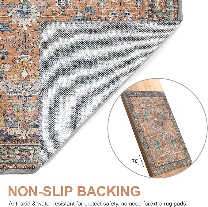 Bavni Area Rug 3x5, Non-Slip Washable Rugs for Living Room Office, Boho Distressed Printed Rug, Low Pile Foldable Decorative Carpet for Bedroom Kitchen Office, Terracotta/Blue