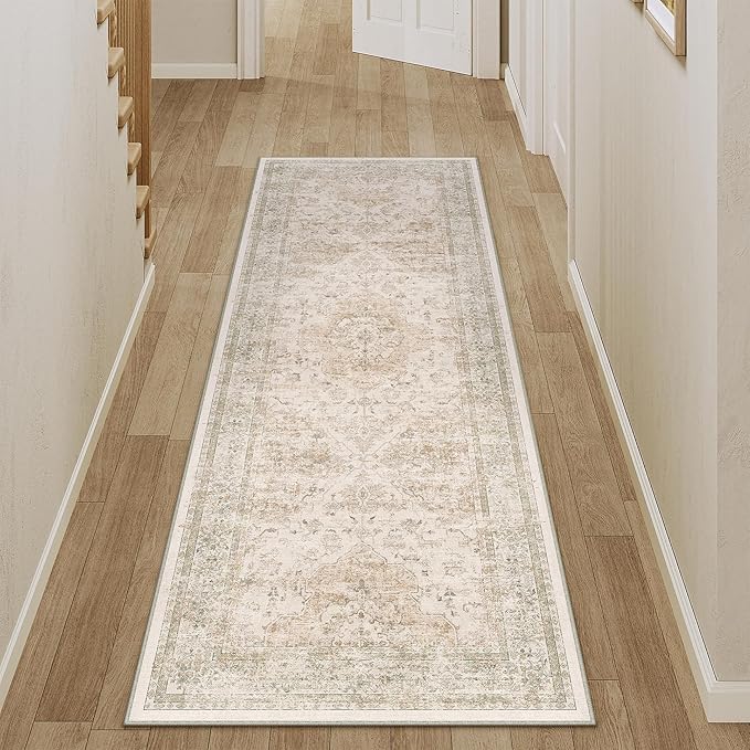 Hallway Runner Rug 2x5 Washable Beige Vintage Distressed Runner Oriental Soft Thin Indoor Carpet Non Slip Low Pile Throw Rug for Kitchen Bedroom Laundry Bedside Entryway