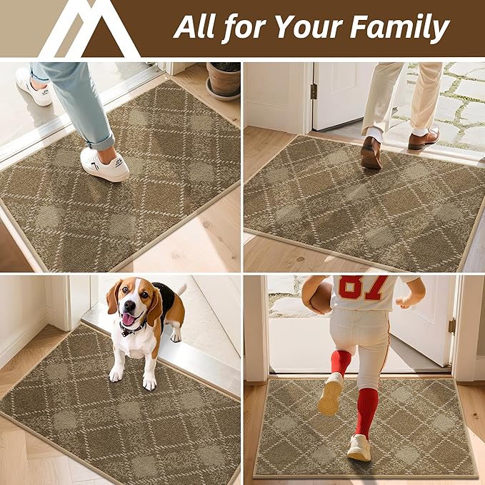 COSY HOMEER Plaid Door Mat 24" x 36",Dirt Trapper Entryway Rugs,Non-Slip Washable Farmhouse Doormat,Low Profile Welcome Mats for Paws Taupe