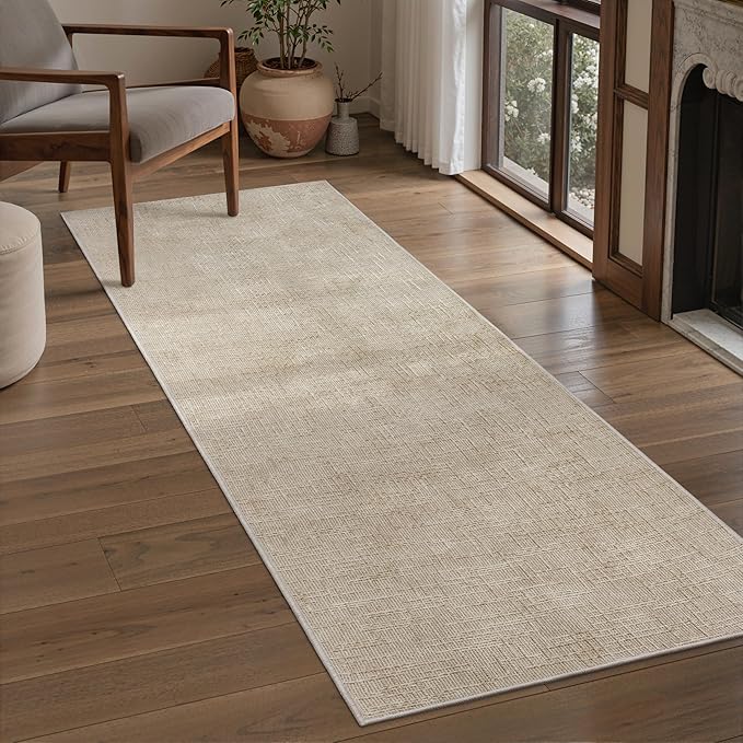 Art&Tuft 2x6 Runner Rug - Washable Runner Rugs, Non-Slip Runner Rug for Hallway, High Low Pile Textured Stripe 2x6 Rug Runner Throw Carpet for Entrance Entryway Bedroom Living Room Kitchen, Beige