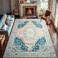 YJ.GWL Area Rugs for Living Room 6x9 Machine Washable Rugs, Non Slip Floral Vintage Rug Indoor Carpet, Stain Resistant Large Rug for Bedroom Dining Room, Dark Blue
