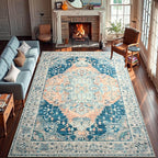 YJ.GWL Area Rugs for Living Room 6x9 Machine Washable Rugs, Non Slip Floral Vintage Rug Indoor Carpet, Stain Resistant Large Rug for Bedroom Dining Room, Dark Blue