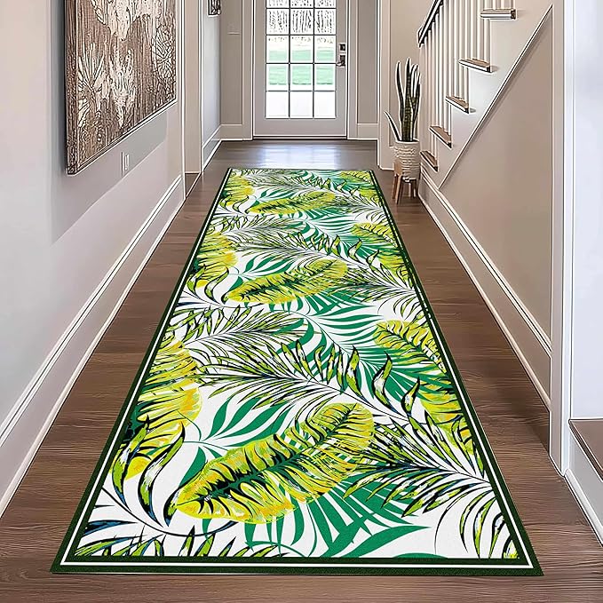 Green Botanical Tropical Leaves Rug 2x10ft - Non-Slip Washable Runner, Soft Durable Floor Mat for Hallway, Kitchen, Bedside, Entryway Home Decor