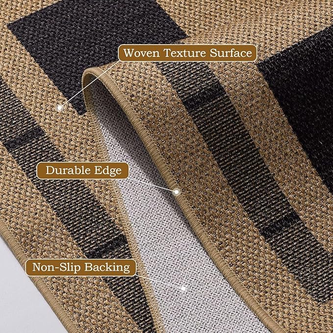 Checkered Jute 5x7 Area Rugs, Washable Outdoor Patio Rug Living Room Bedroom Indoor Carpet, Non Slip Modern Farmhouse Design Neutral Geometric Office Porch Balcony Dining Room Mat, Black and Brown