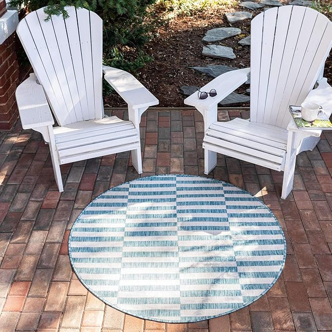 Unique Loom Outdoor Striped Collection Area Rug - Striped (4' 1" Round, Light Aqua/Ivory)