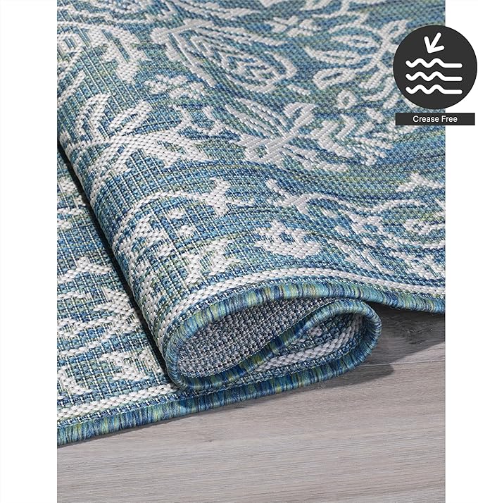 FH Home Flat Woven Outdoor Rug - Waterproof, Easy to Clean, Stain Resistant - Premium Polypropylene Yarn Farmhouse - Patio,Deck,Porch,Balcony,Laundry - Marbella - Ocean - 3ft 11 in x 5ft 6in
