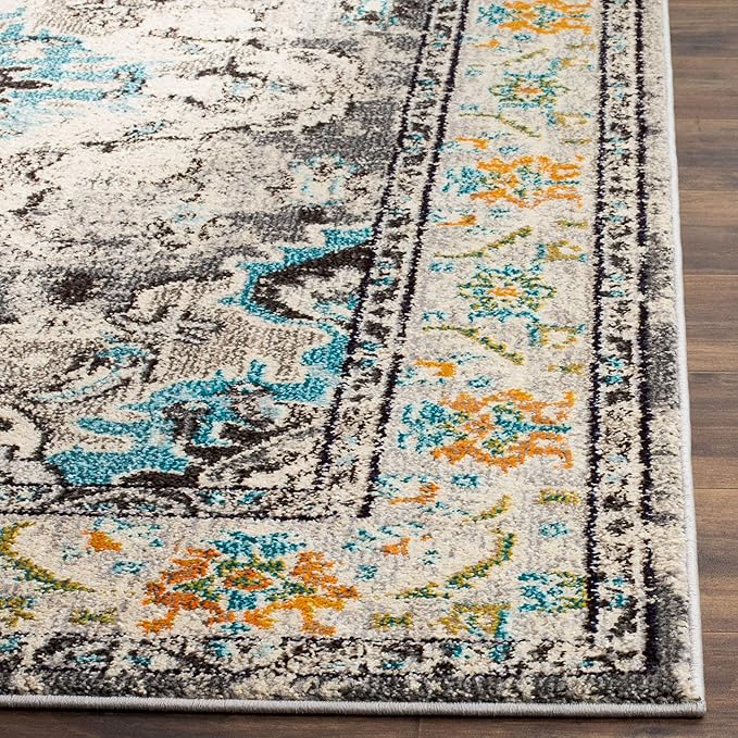 SAFAVIEH Monaco Collection Area Rug - 5'1" x 7'7", Grey & Light Blue, Boho Chic Medallion Distressed Design, Non-Shedding & Easy Care, Ideal for High Traffic Areas in Living Room, Bedroom (MNC243G)