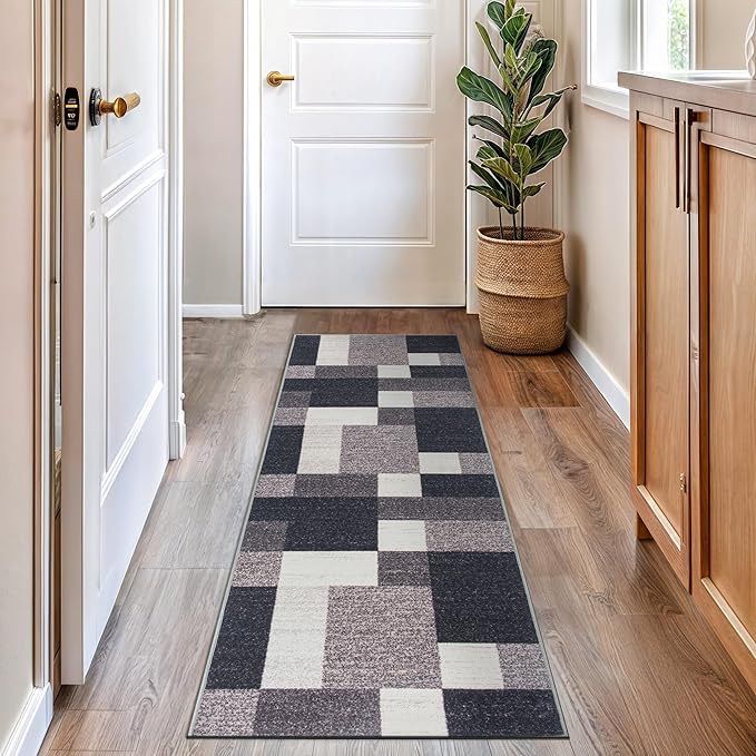 Rugshop Modern Boxes Design Non-Slip (Non-Skid) Carpet for Hallway,Entryway,Kitchen Runner Rug 2'7" x 8' Gray
