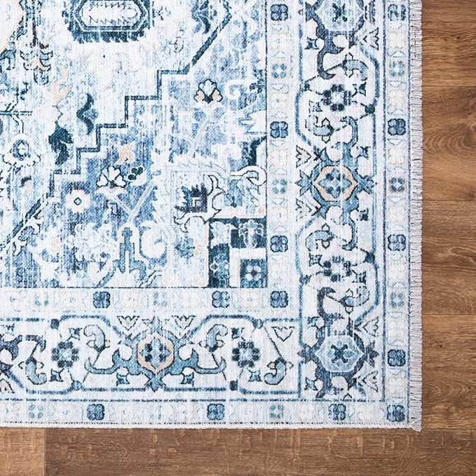 Bloom Rugs Caria Washable Non-Slip 6x9 Rug - Blue Traditional Area Rug for Living Room, Bedroom, Dining Room, and Kitchen - Exact Size: 6' x 9'