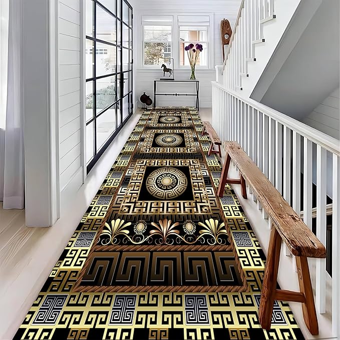 Luxury Greek Key Runner Rug, 1.3x7ft, Black Gold Arabic Style Long Hallway Rug Runners, Modern Black Gold Rugs for Living Room, Easy Clean Pet Friendly Non-Slip Mat for Entryway Floor