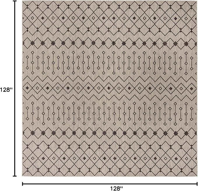 Unique Loom Outdoor Trellis Collection Area Rug - Tribal Trellis (10' 8" Square, Gray/ Black)
