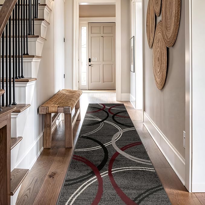 Rugshop Modern Wavy Circles Design Non-Shedding Runner Rug, Carpet for Hallway or Kitchen, Red, 2'7" x 8'
