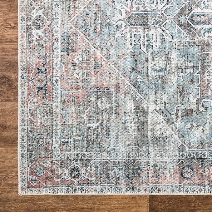 Bloom Rugs Washable Non-Slip 10 ft Runner - Light Pink/Light Blue Traditional Medallion Runner for Entryway, Hallway, Bathroom, and Kitchen - Exact Size: 2.5' x 10'