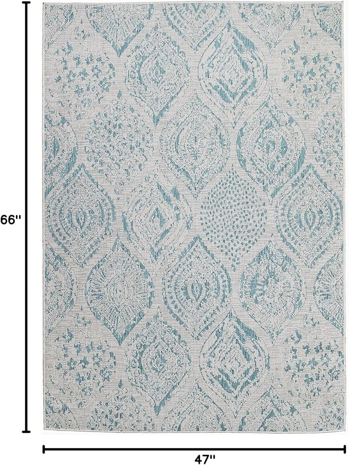 FH Home Flat Woven Outdoor Rug - Waterproof, Easy to Clean, Stain Resistant - Premium Polypropylene Yarn - Distressed Farmhouse - Patio, Deck, Porch, Balcony - Granada - Aqua - 3ft 11in x 5ft 6in