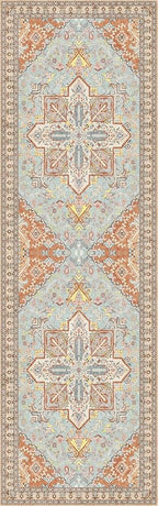 Washable Runner Rug 2.5x8 | Non Slip Rug Runners for Hallways, Entryways, Kitchens, Bathrooms, Bedrooms | Ultra-Soft Flannel Carpet Runners with Rubber Backing (Light Teal/Rust, 2.5x8)