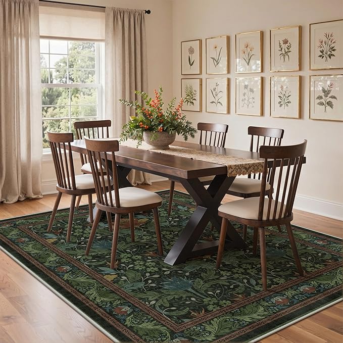 Bavni 8x10 Area Rugs for Living Room, Microfiber Machine Washable Non-Slip Vintage Floral Rug, Low Pile Lightweight Carpet for Bedroom, Dining Room, Home Office, Dark Green