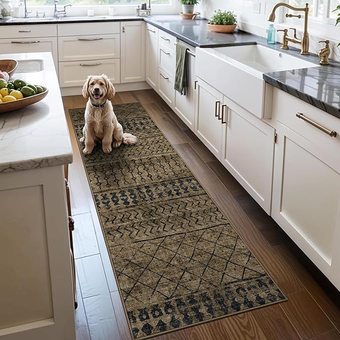 2x6 Machine Washable Runner Rug, Kitchen Hallway Area Rug, Brown Black Vintage Moroccan Rug Ultra Non-Slip Low Pile Soft Faux Wool Carpet, Kids and Pets Friendly for Bedroom Entryway Bedside Decor Rug