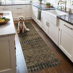 2x6 Machine Washable Runner Rug, Kitchen Hallway Area Rug, Brown Black Vintage Moroccan Rug Ultra Non-Slip Low Pile Soft Faux Wool Carpet, Kids and Pets Friendly for Bedroom Entryway Bedside Decor Rug