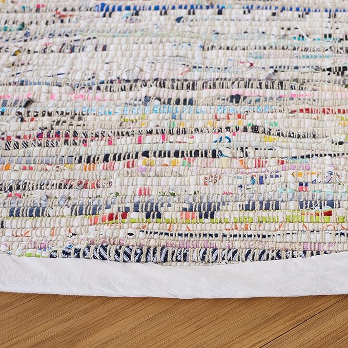SAFAVIEH Rag Rug Collection Area Rug - 9' Round, Ivory & Multi, Handmade Boho Stripe Cotton, Ideal for High Traffic Areas in Living Room, Bedroom (RAR121G)