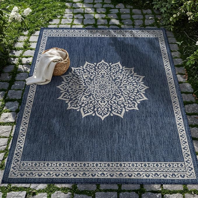 CAMILSON Outdoor Rug 6x9 Medallion Blue Modern Area Rugs for Indoor and Outdoor Patios Kitchen and Hallway Mats Washable Porch Deck Outside Carpet (Medallion Blue 6 x 9)
