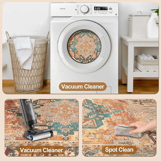 Tangsoo 2.6x8 Washable Runner Rug for Hallways, Non Slip Vintage Runner Rug, Soft Low Pile Long Rug Runner, Print Distressed Orange Carpet Runners for Kitchen Bedroom Entryway Bathroom Living Room