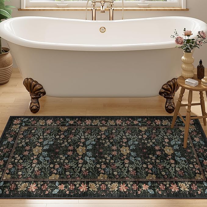 DUKINO 2x4 Rug for Entryway, Lightweight Washable Runner Rug with Non Slip Backing, Vintage Floral Low Pile Small Carpet Runner for Kitchen, Hallway, Entryway, Bathroom, Bedroom, Black