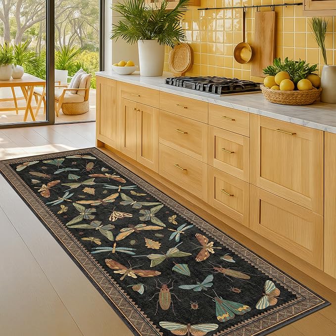 Vintage Insect 2x8 Black Entryway Runner Rug, Washable Non Slip Runners for Kitchen, Boho & Nature Long Rugs for Hallway, Low Pile Soft Stain Resistant Carpet