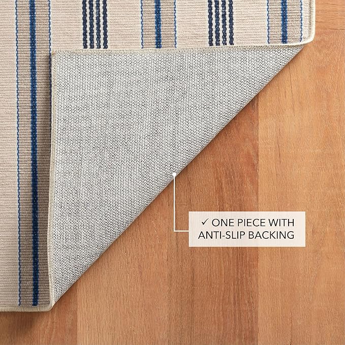 Dash and Albert Nimes Ticking Machine Washable Area Rug - 5' x 8' Neutral Stripe Washable Accent Rug - Durable, High Traffic Areas Kitchen, Mudroom, Hallways