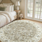jinchan Fiora Round Rug 7ft Area Rugs - Vintage Floral Distressed Design Machine Washable Non-Slip Low-Pile Ultra-Thin Circle Rug for Living Room Dining Room Bedroom Farmhouse (7' Round, Taupe)