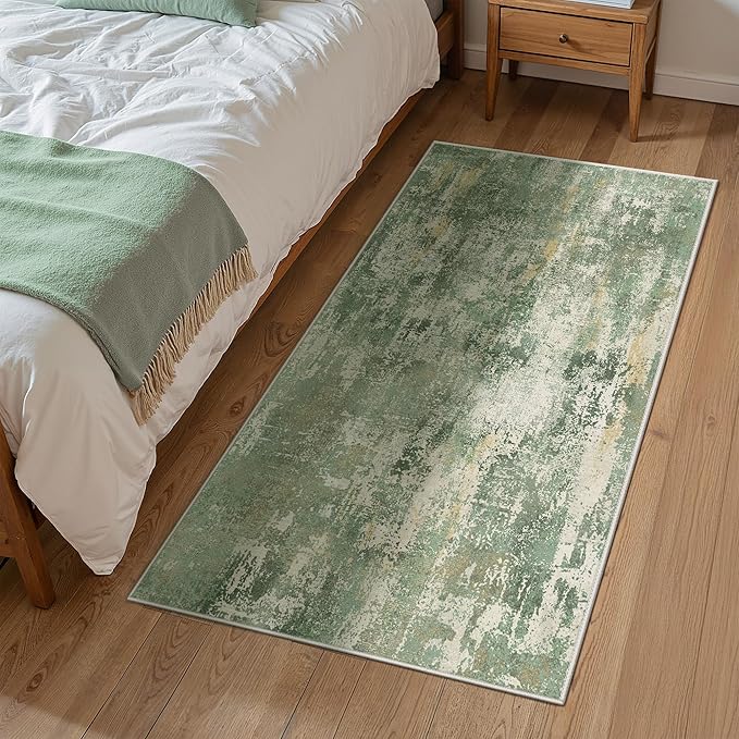 GENIMO 3x5 Rug for Entryway Washable Area Rug, Modern Abstract Small Rugs for Entrance Living Room, Bedroom Beside Rugs, Non-Slip Low Pile Lightweight Soft Carpet, Light Green