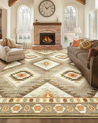 Area Rug 7x9 Rug Machine Washable Non-Slip Low Pile Print Pattern Western Rug for Living Room Bedroom Entryway Tribal Series-Cream/Camel